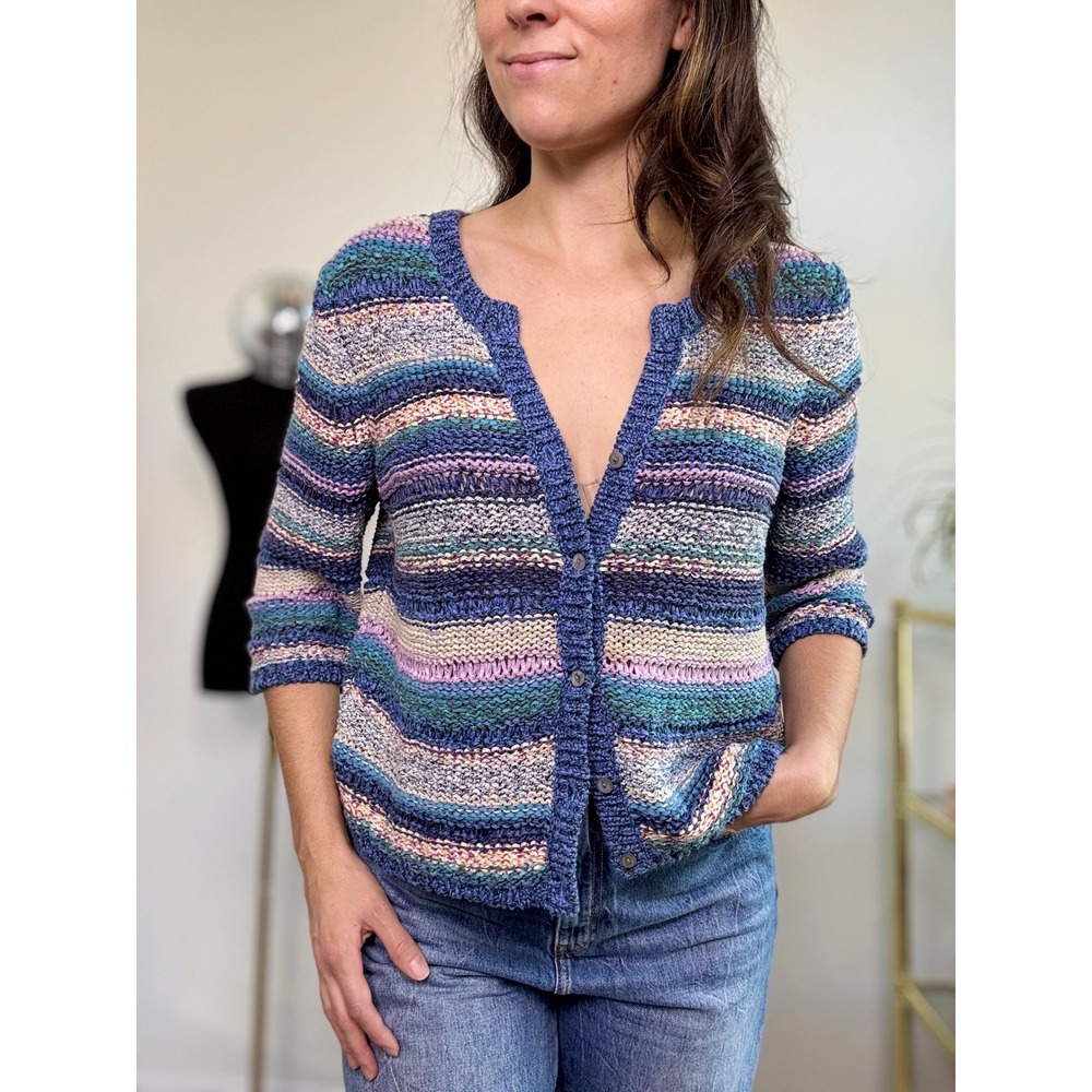J. Jill Ribbon Striped Cardigan, LARGE Blue Purple | Boho Cottage Colorful Soft
